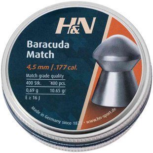 Кулі пневматичні H&N Baracuda Match,Кал. 4.51 мм. Вага - 0.69 г. 400 шт/уп