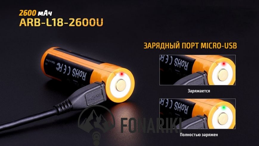 Акумулятор 18650 Fenix 2600 mAh + micro usb зарядка